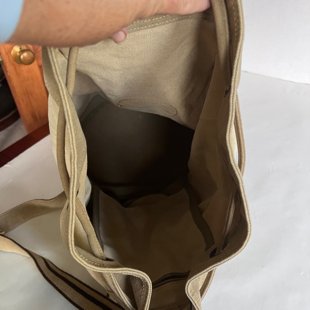 Life is Good Canvas Bucket Backpack Khaki Cotton Leather Trim Drawstring Bag - Picture 10 of 16